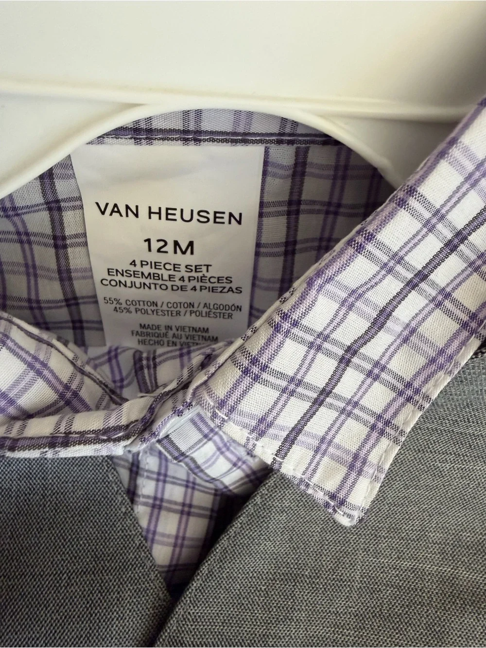 Van Heusen Lavender and White Plaid Collared Shirt with Gray Vest and Dress Pant